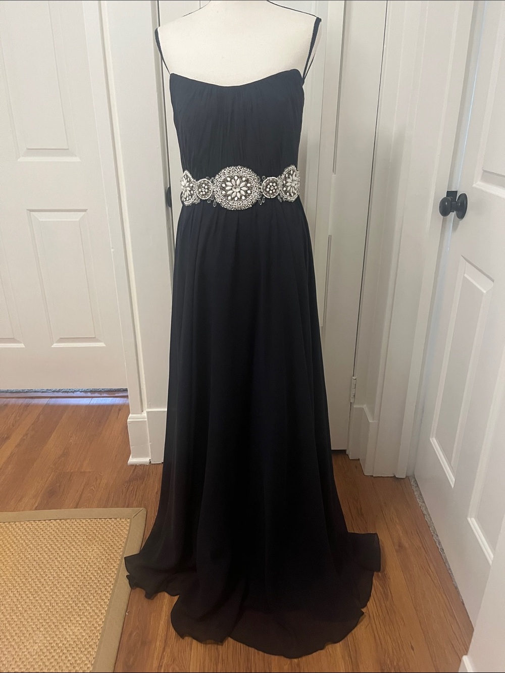 Theia Navy Blue Silk Chiffon Strapless Shirred Embellish Black Tie Wedding Prom